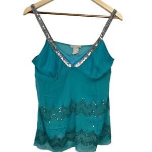 SIRENS Y2K Silver Sequin Strappy Turquoise SHEER Babydoll Embroidered Tank Top M